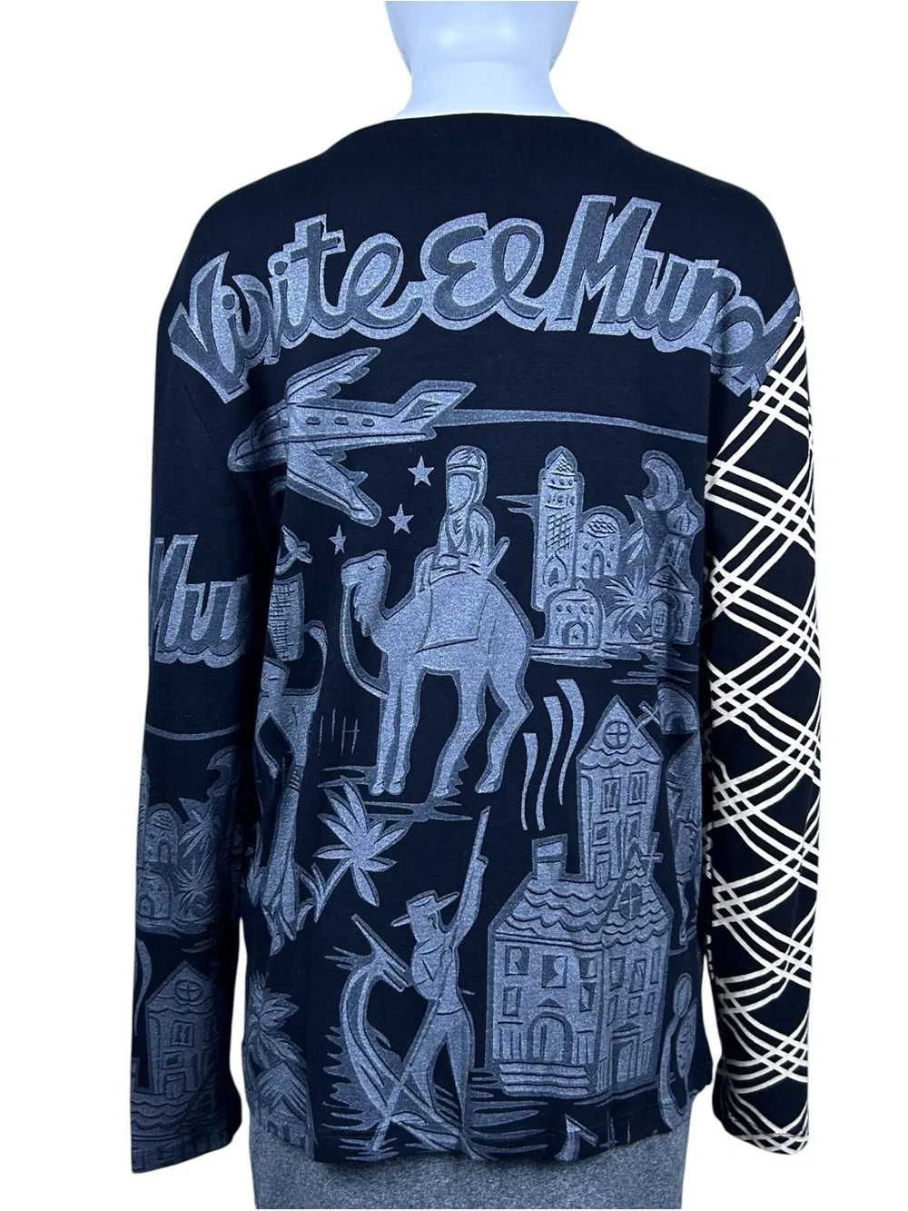 Vintage 90s Custo Barcelona Blue Tower Graphic Print Long Sleeve Top S Rare Y2K
